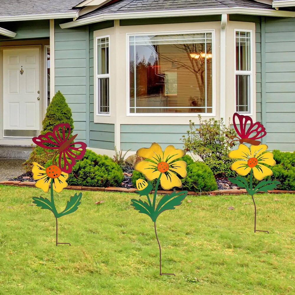 3-Pack Metal Flowers for Outside, 30-Inch Metal Yard Art