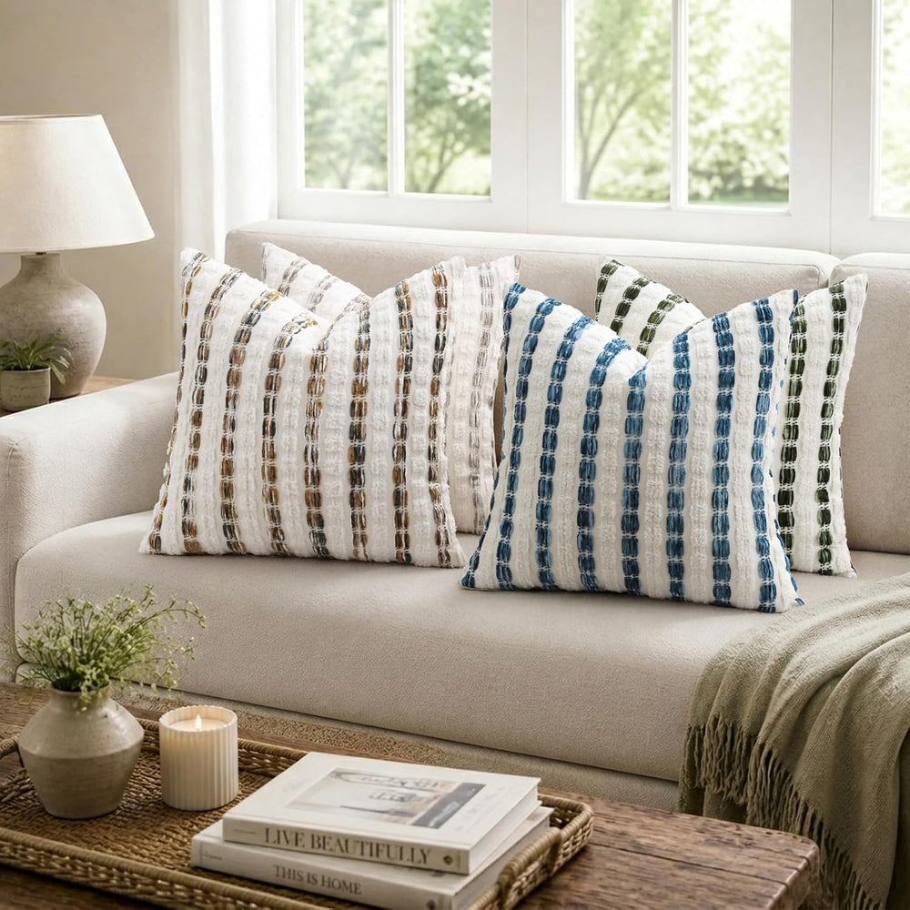 decorUhome Chenille Tufted Stripe Throw Pillow Covers 20x20 Set of 2 Blue