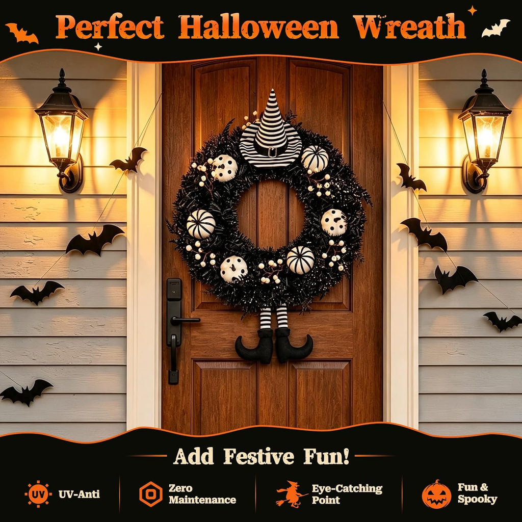 Yangrass 24" Spooky Halloween Wreath for Front Door with Witch Hat & Legs