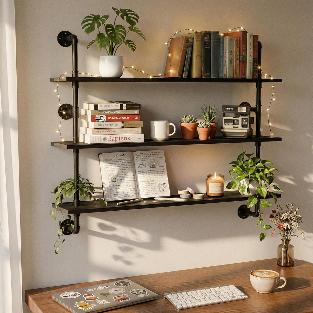 HDDFER Industrial Pipe Shelving Rustic Black Wall Shelves with Wood Planks In...