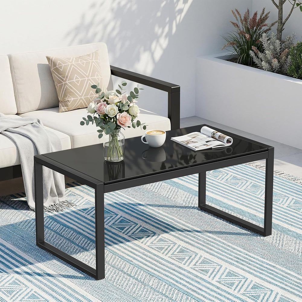 ONBRILL Rectangle Coffee Table with Tempered Glass Desktop, Black