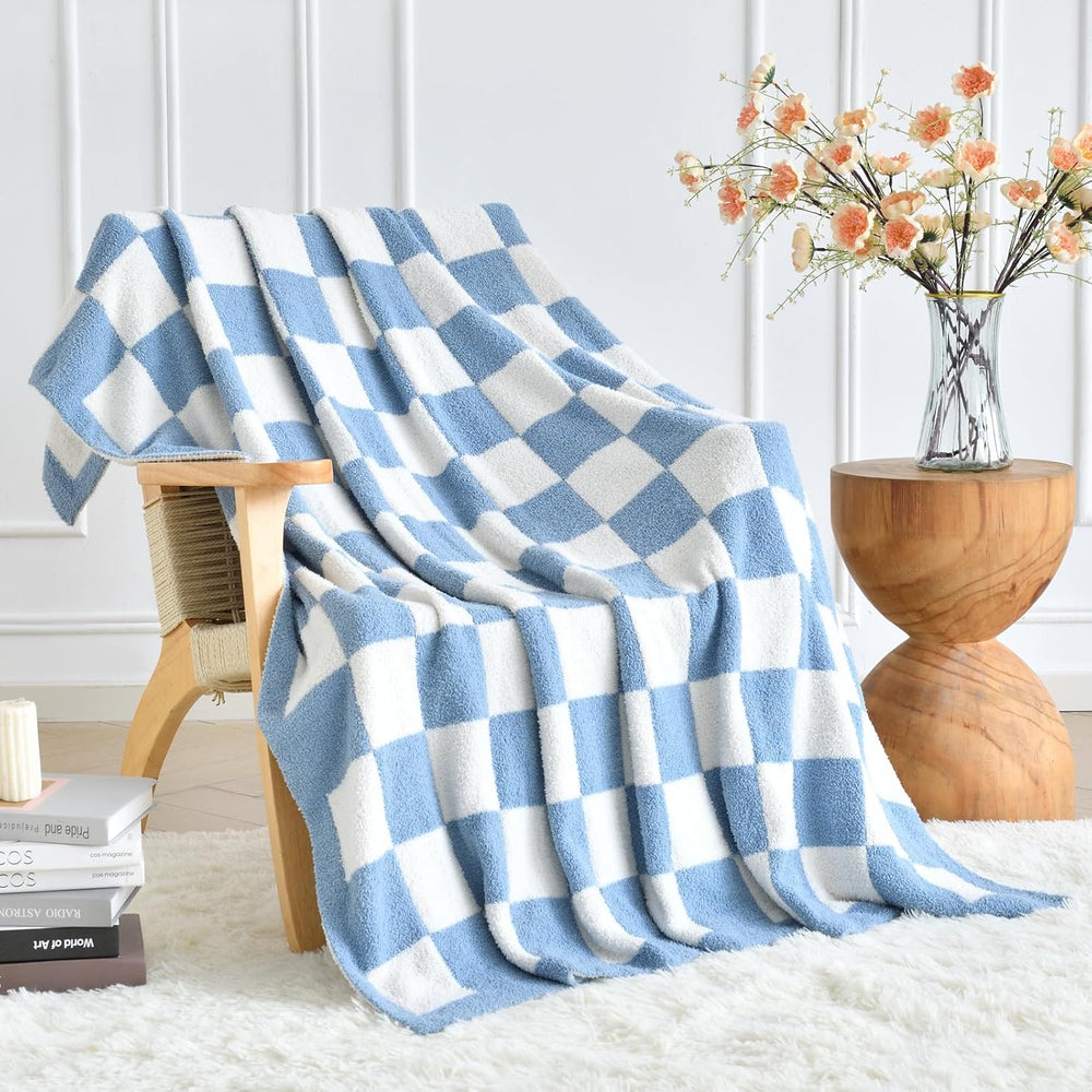 Checkered Throw Blanket for Couch Bed, Blue, Twin 60"x80"