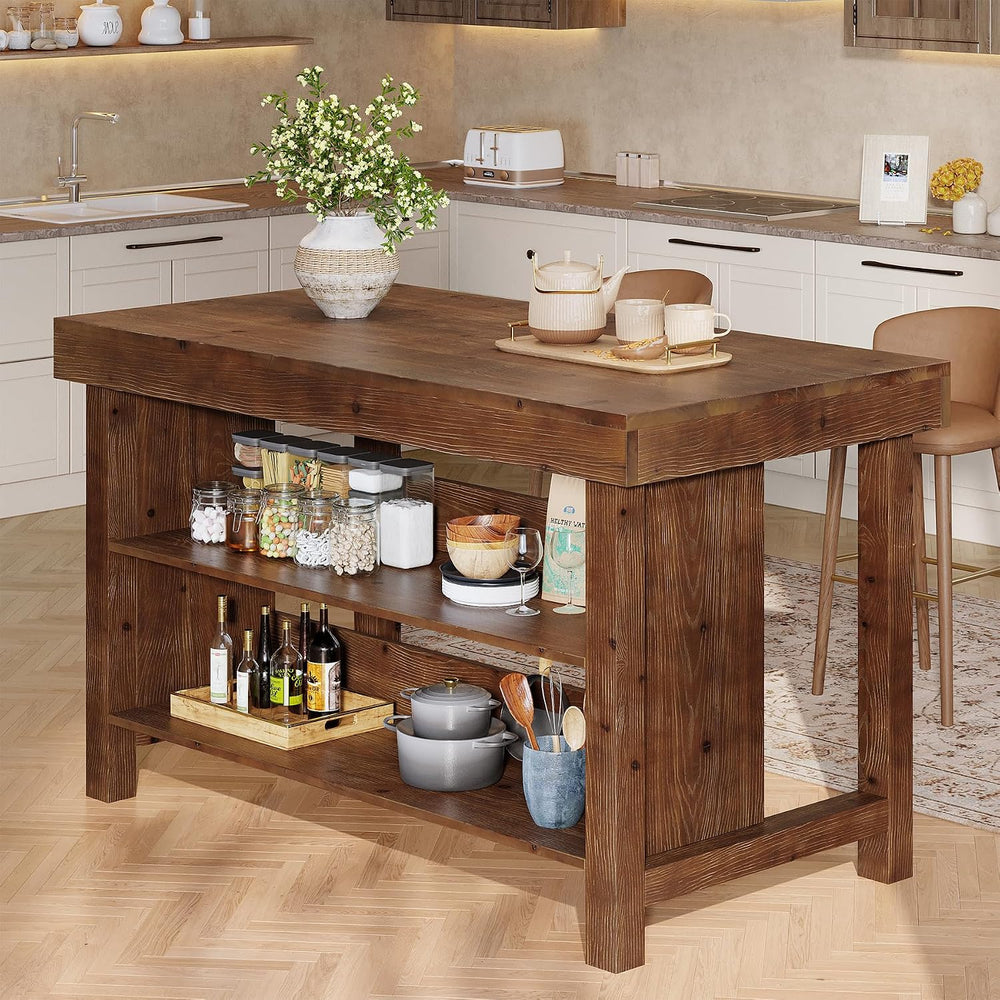 Solid Wood Kitchen Island, 3-Tier 55 Inch Stationary Island Table