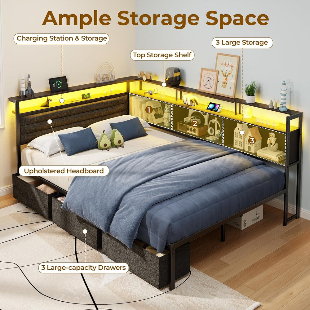 OURPIC Full Corner Bed Frame with 3 Storage Drawers, LED Lights & Charging