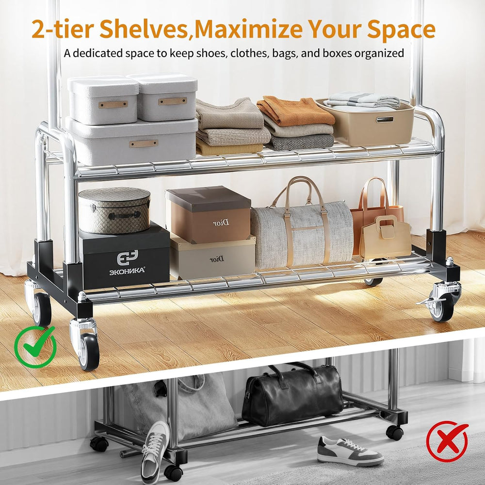 Luxspire Rolling Heavy Duty Clothes Rack with 2 Sturdy Shelves Load 600 LBS