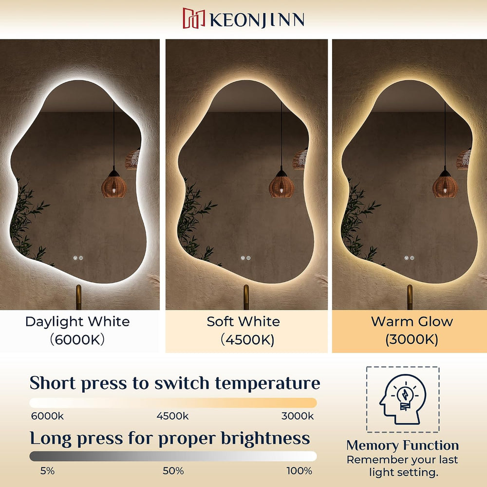 Keonjinn 24" x 36" Asymmetrical Backlit Bathroom Mirror, HD Tempere...