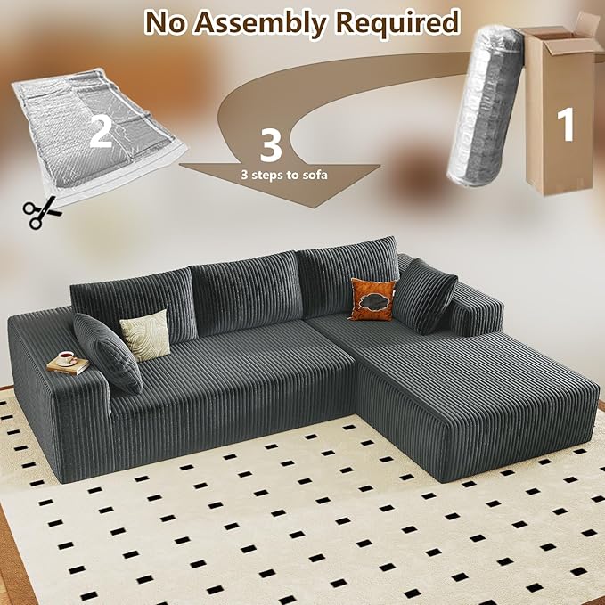 96" Modular Sectional Couch, L Shaped Cloud Sofa with Chaise Lounge, Corduroy Upholstered Couches Memory Foam Deep Seat, No Assembly Required, Ideal for Living Room(Dark Gray, Right Facing)