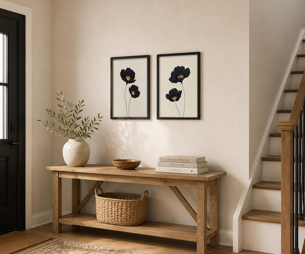 Minimalist Black Gold Flower Bathroom Wall Art Poppy Botanical Art Print