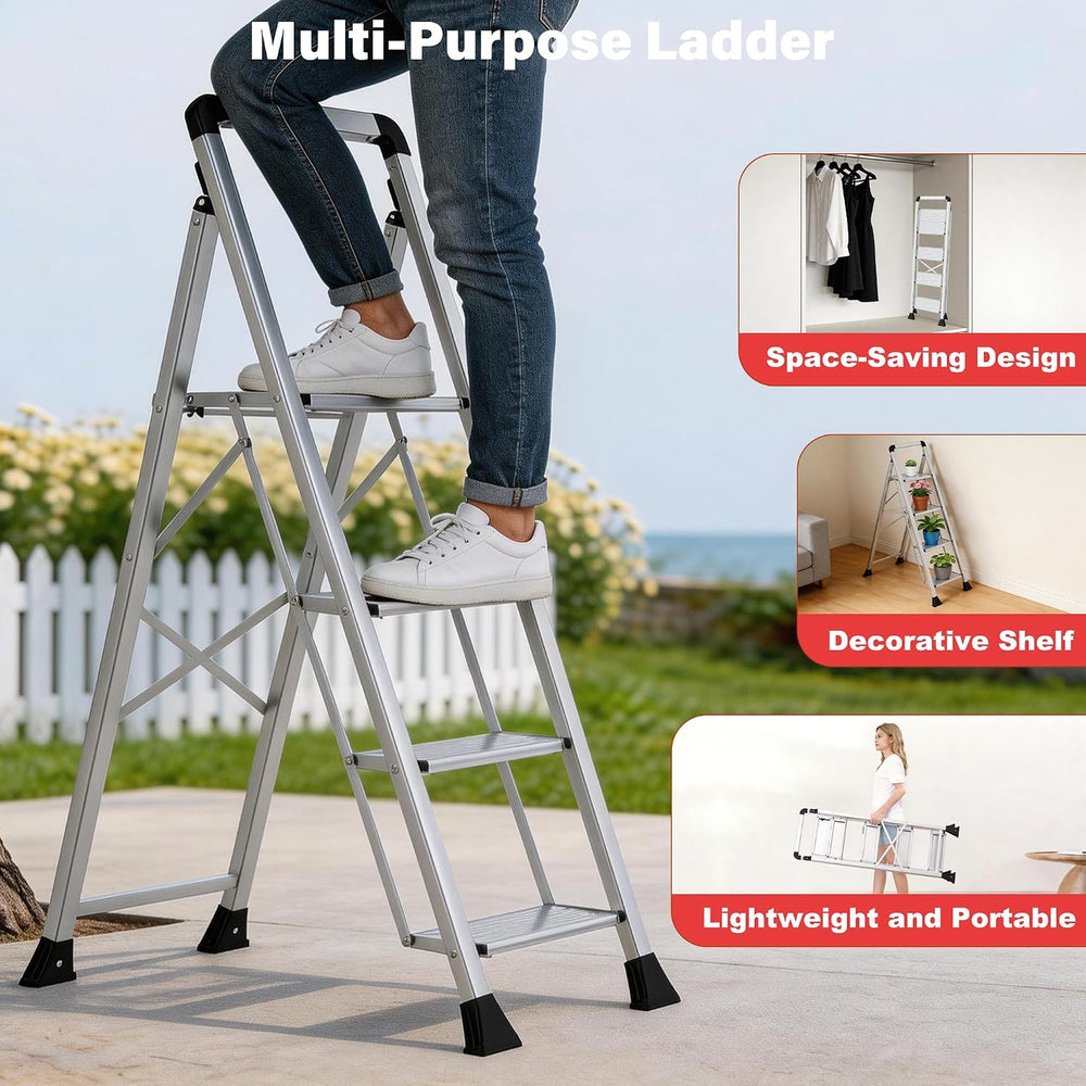 DIAMONDFORGE 4 Step Ladder,Handle Folding Step Stool with Anti-Slip Wide Peda...