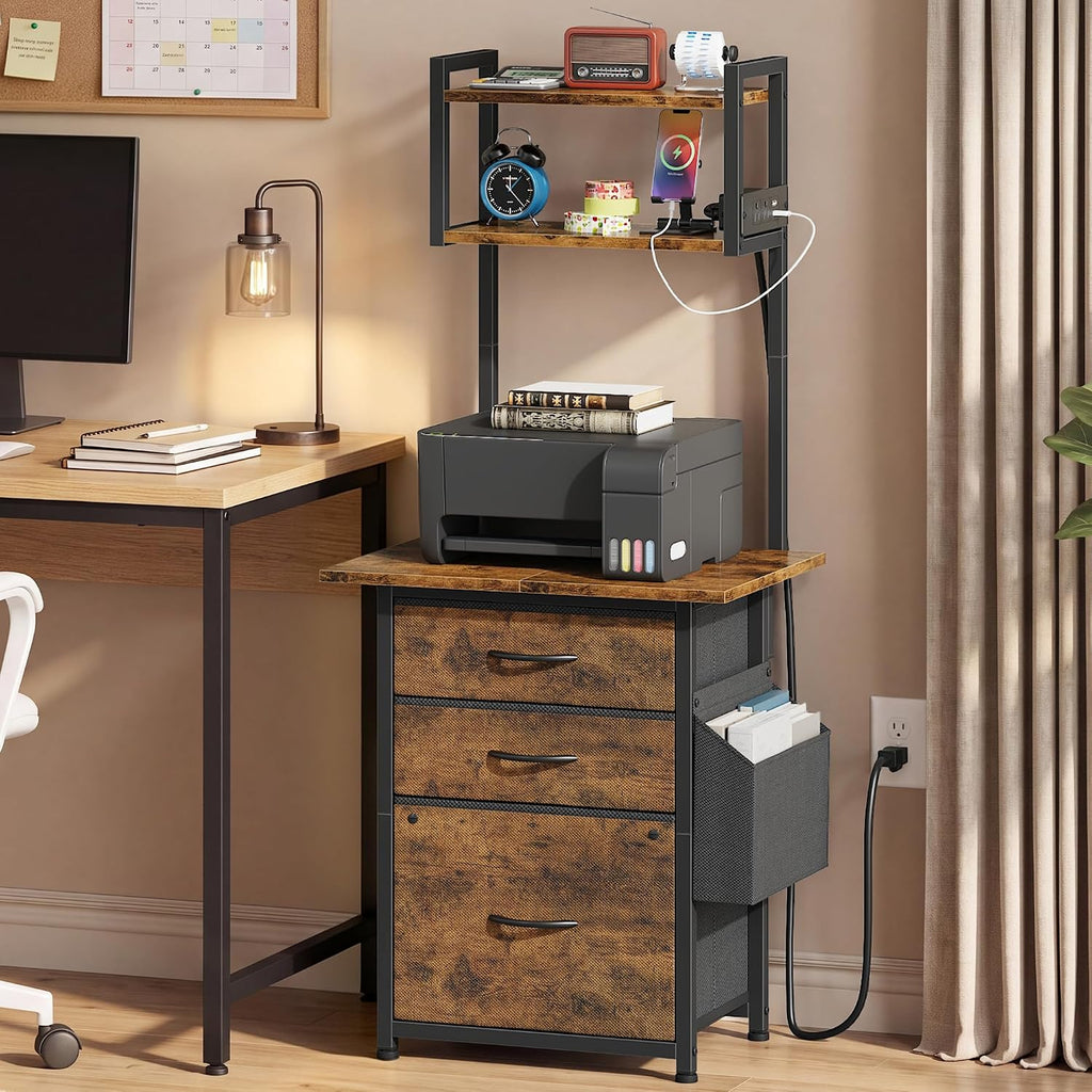 HIGDBFE 3 Drawer File Cabinet with Charging Station, 49''H Tall, 3-Tier Small Filing Cabinet for Home Office, 20''*15'' for Small Printer, Fabric Drawer, Printer Stand, Rustic Brown