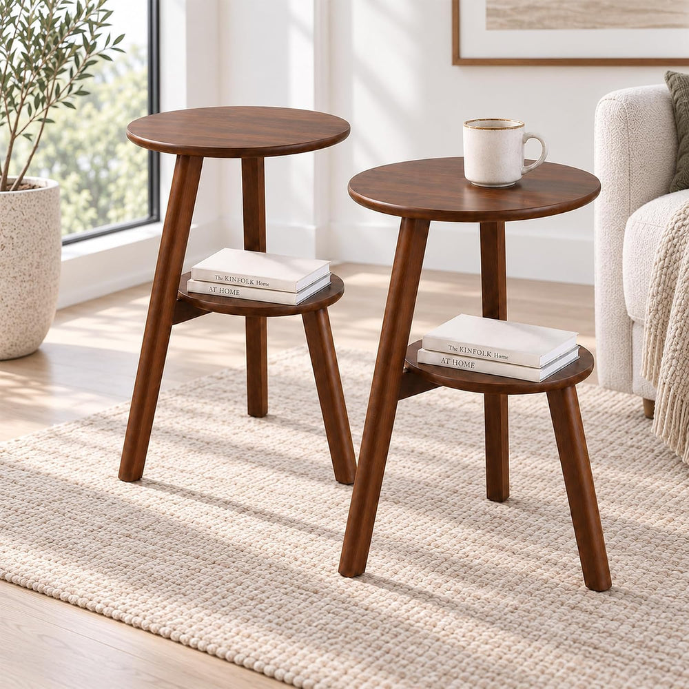 Small Round Side Table Set of 2, 16.5" 2-Tier Solid Wood End Tables, Walnut