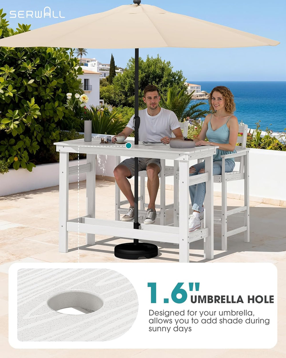 SERWALL Outdoor Bar Set, 4 Adirondack Bar Chairs & Bar Height Table, White