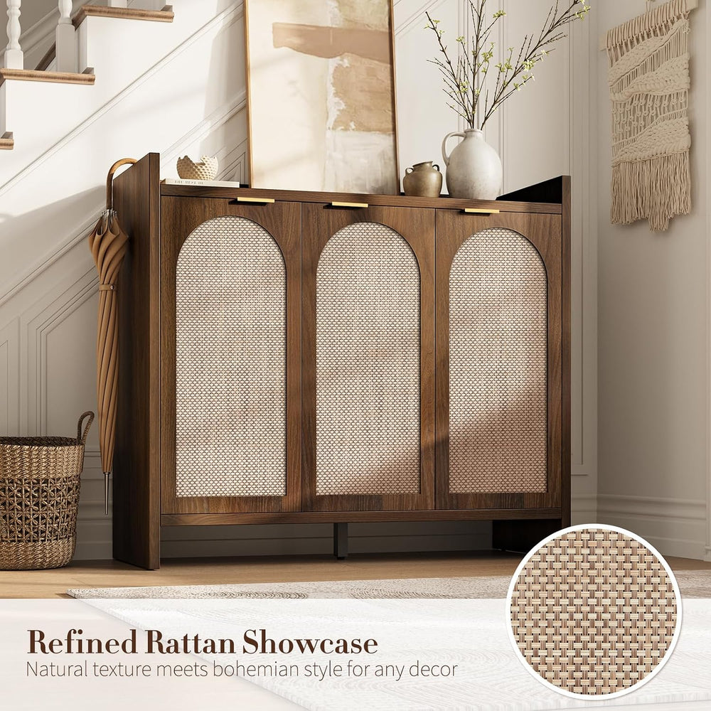 Shoe Cabinet Storage for Entryway - Rattan Accent Cabinet with 3 Doors & ...