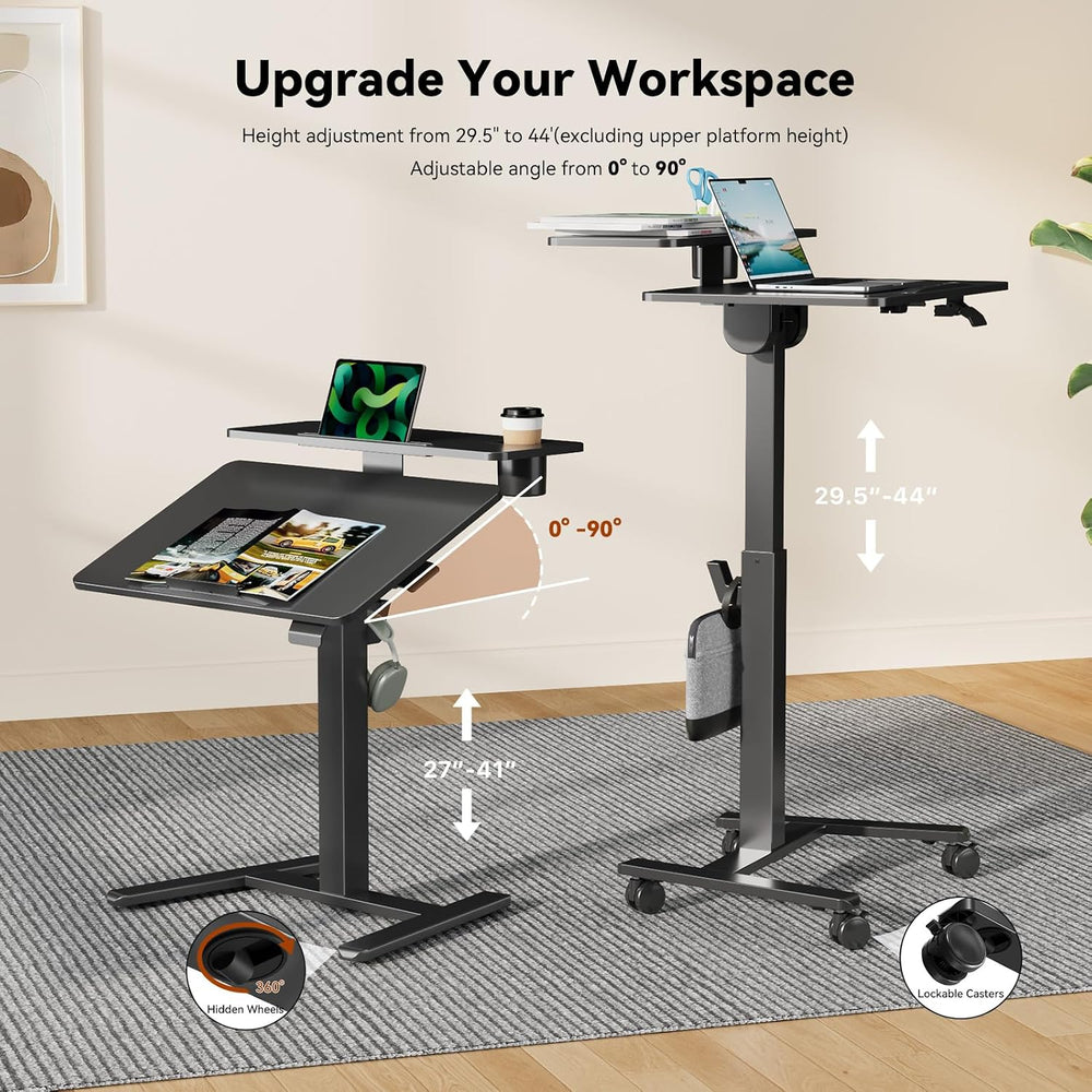 28" Mobile Standing Desk, Tiltable Top with 2-Tier Shelves, Black