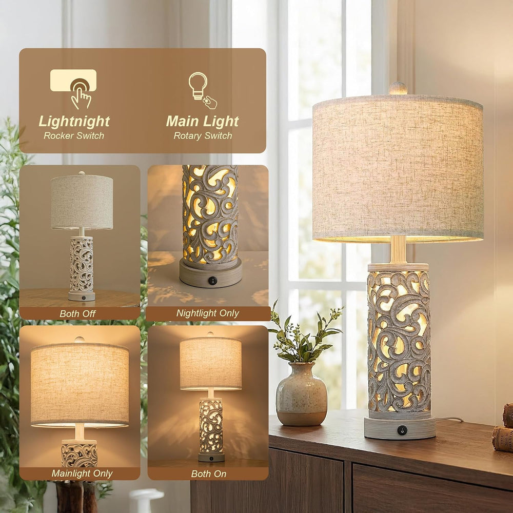 OYEARS Bedside Table Lamps Set of 2 with Night Light, 22'' Distressed...