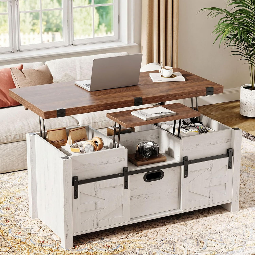 Memobarco 40" Farmhouse Lift Top Coffee Table with Storage Drawers,White
