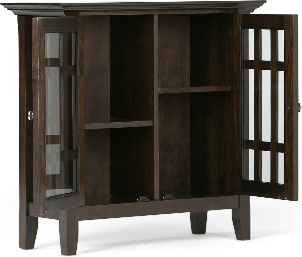 SIMPLIHOME Bedford 32" Wide Solid Wood Cabinet in Brunette Brown