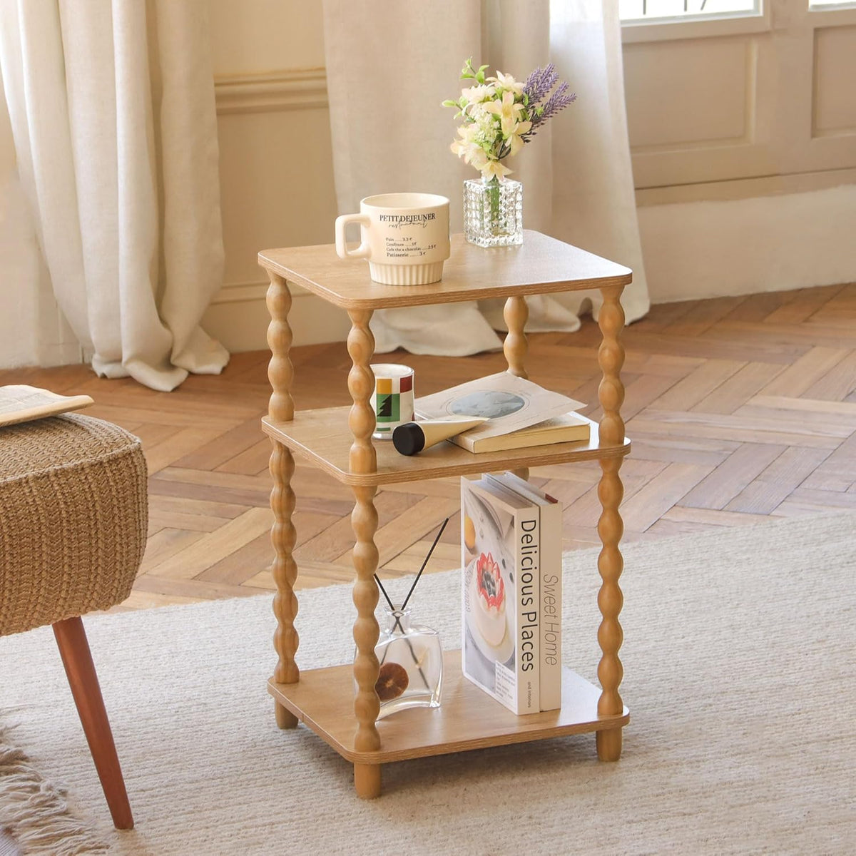 Fultyle End Table, Modern Side Table with 3 Tier Open Shelf, Small Table Bed Side Tables Bedroom for Small Spaces, Living Room and Office (Rustic Walnut)