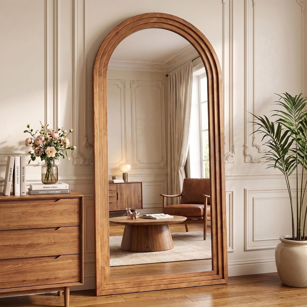 76"x34" Arched Full Length Mirror, Large Wood Floor Mirror, Brown