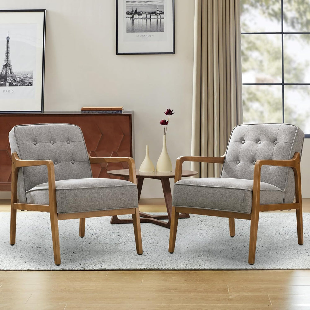 SOFTHION Linen Mid Century Modern Chair with Solid Wood Frame 2-Pack, Grey