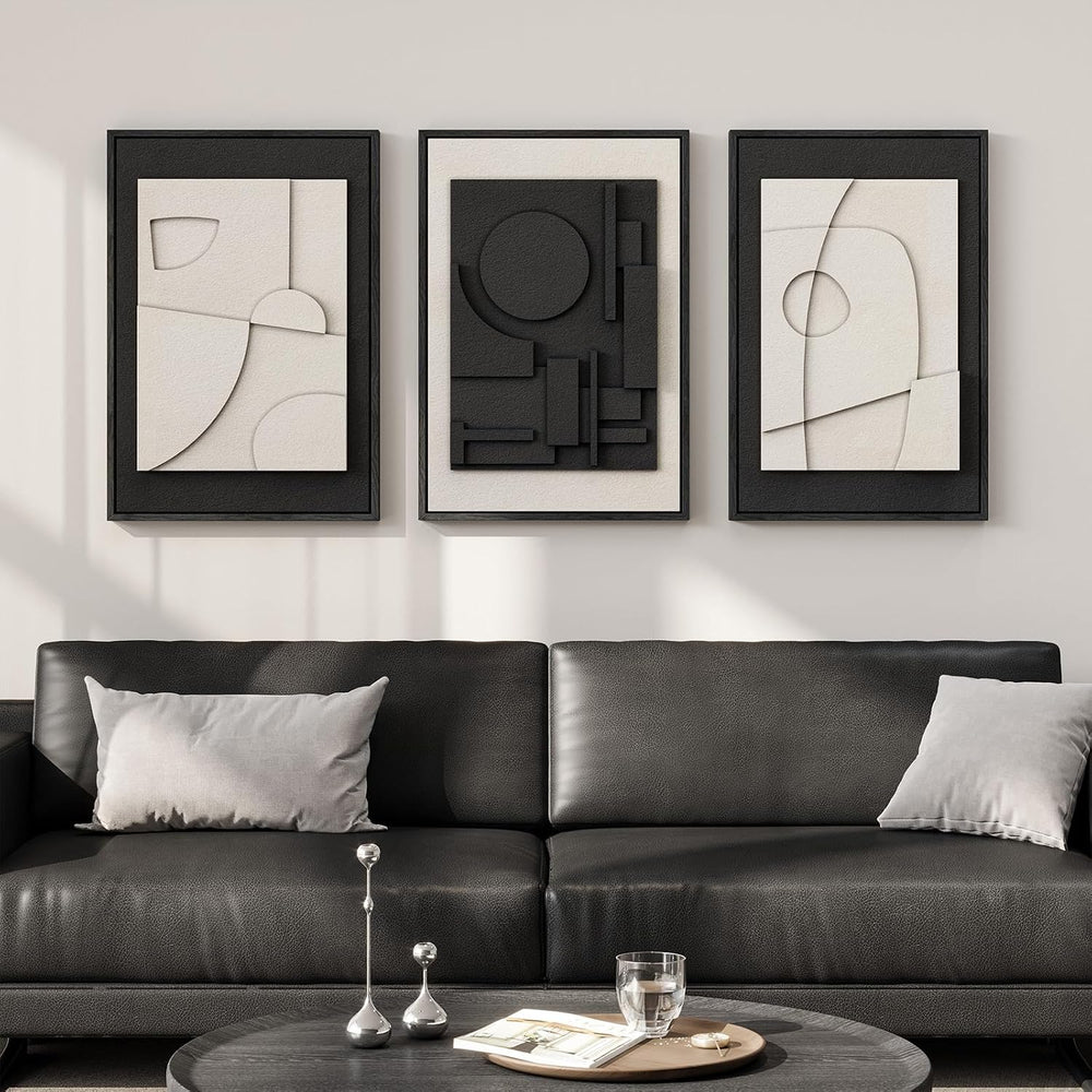 3D Textured Framed Black and White Abstract Wall Art Set of 3, 16x24 In