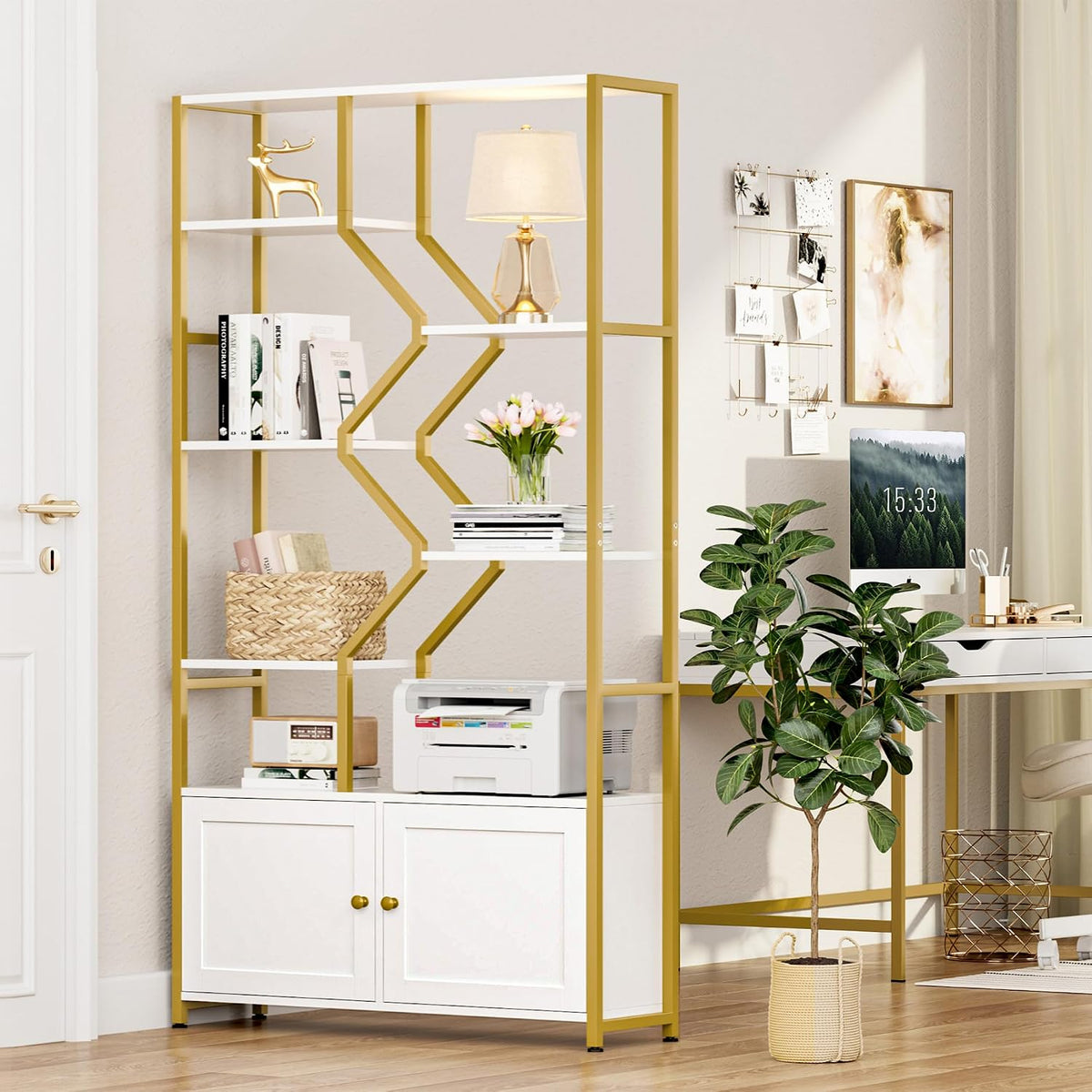Keyluv 76" Tall White & Gold Bookshelf with Storage Cabinet