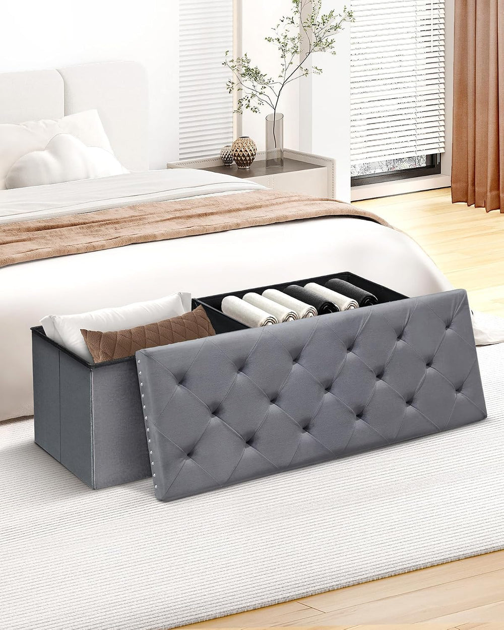 B FSOBEIIALEO Storage Ottoman Bench, 43" Velvet Ottoman with Storage, Grey