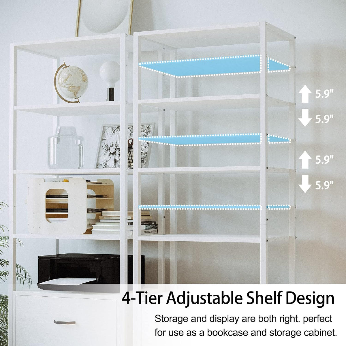 ironck industrial bookcase with file cabinet drawers, white showing dimensions