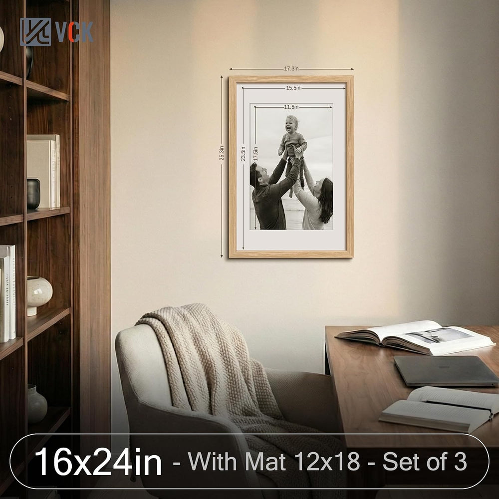 VCK 16x24 Frame 3 Pack, Oak Wood, 12x18 Mat, for Picture Print