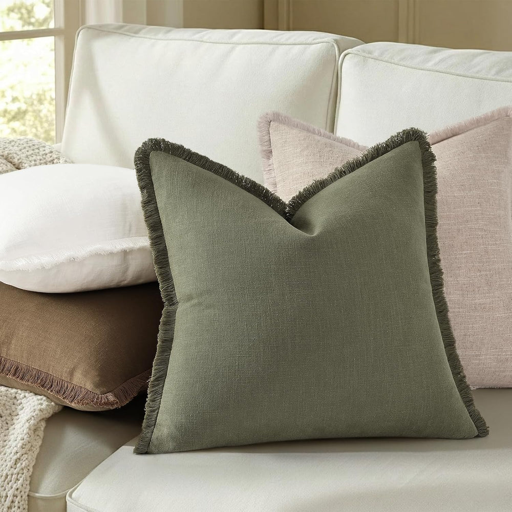 decorUhome Linen Fringe Olive Green Throw Pillow Covers 24x24 Set of 2