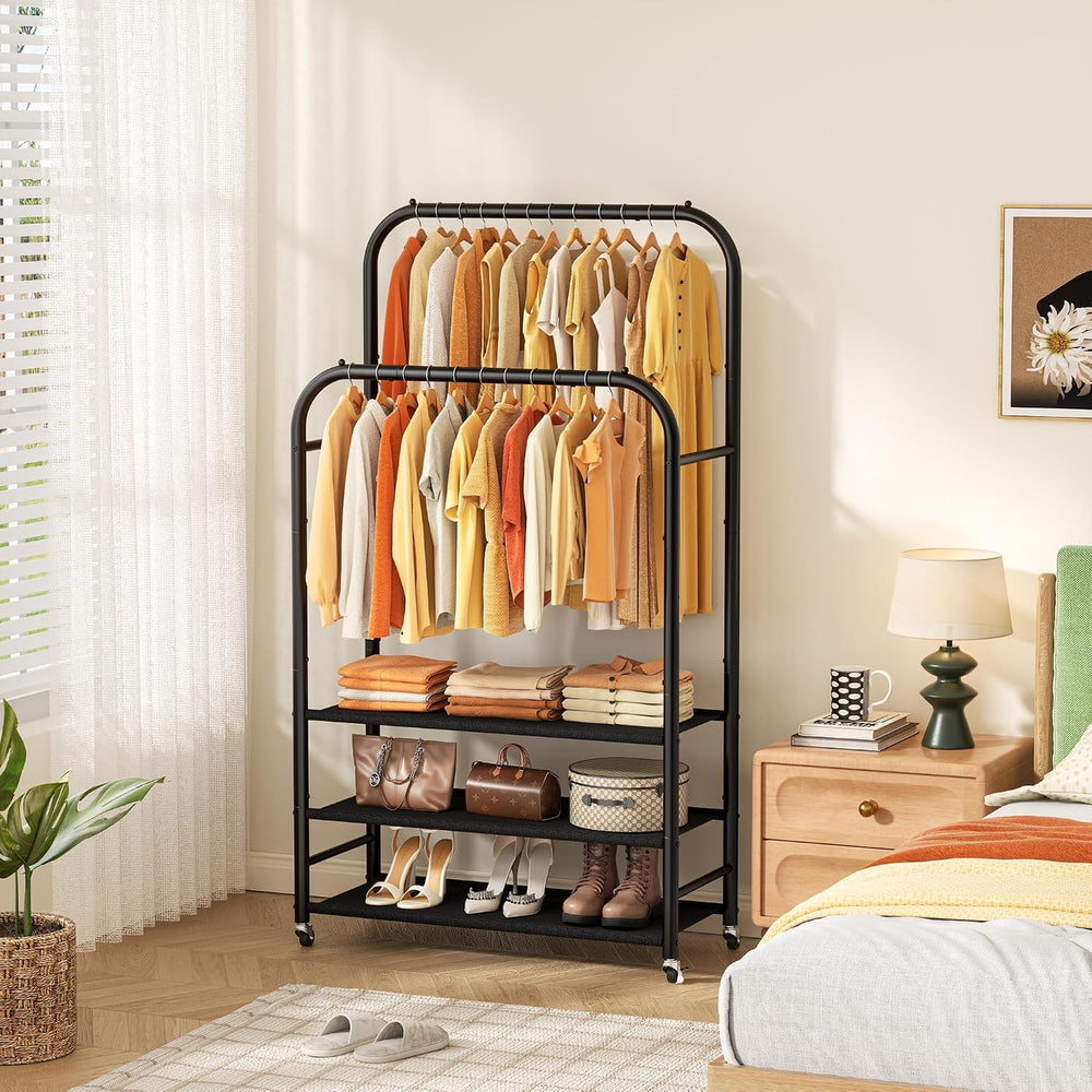 HOMIDEC Clothes Rack,Double Rods Clothing Rack with 3 Tier Shelve&Wheels