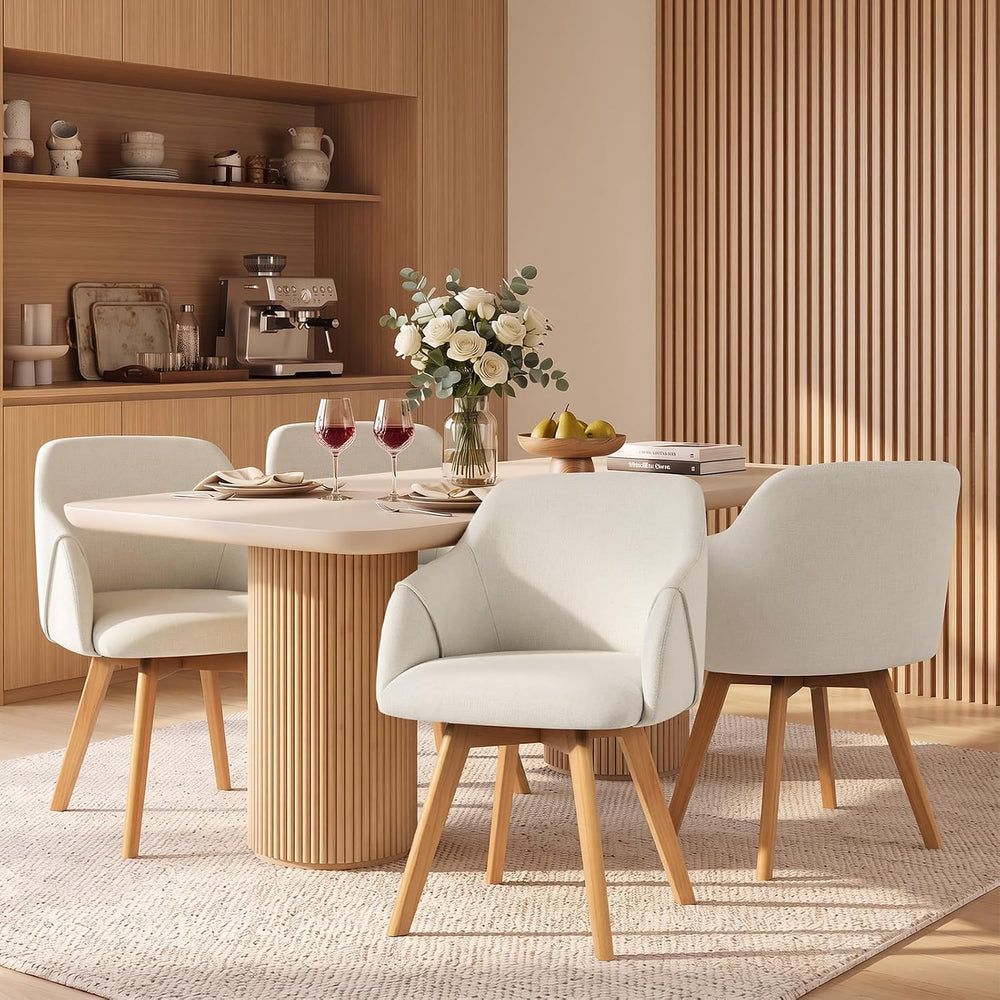 Swivel Dining Chairs Set of 4 with Arms and Wood Legs, Beige