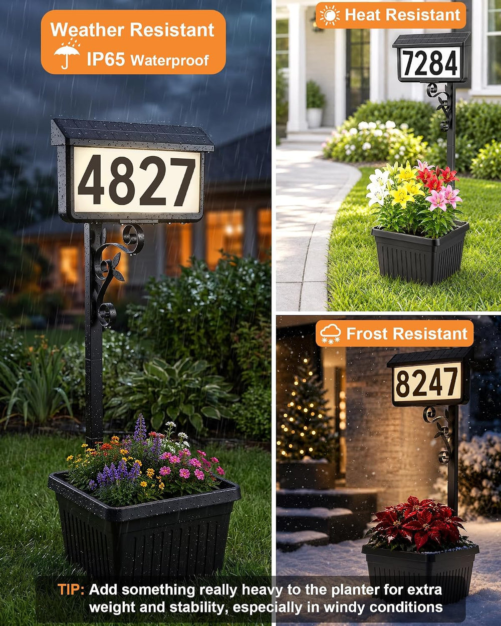 Solar Address Sign with Planter, 2-in-1 House Numbers for Outside
