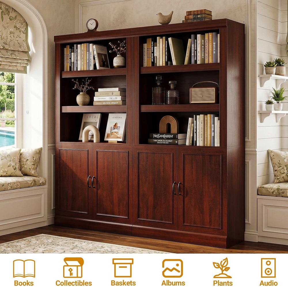 Unikito 71" Tall Bookshelf with Doors and Adjustable Shelves, 2 Pack