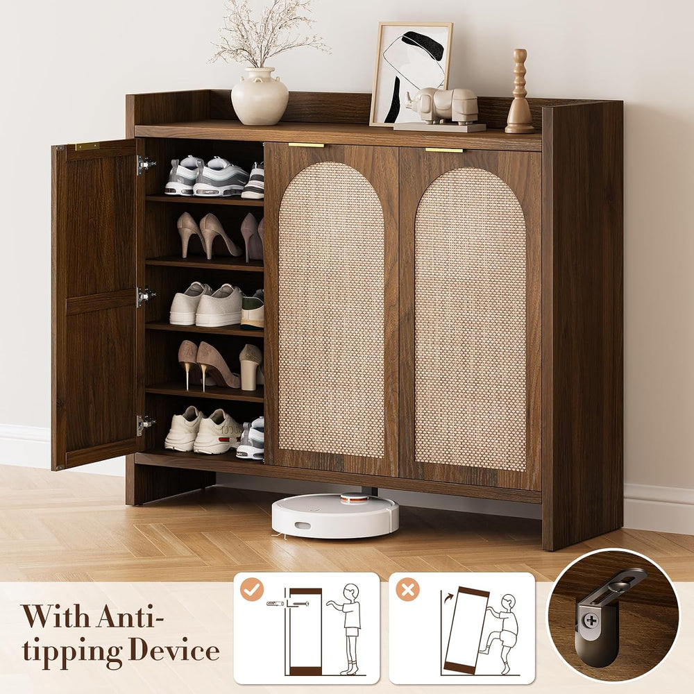 Shoe Cabinet Storage for Entryway - Rattan Accent Cabinet with 3 Doors & ...