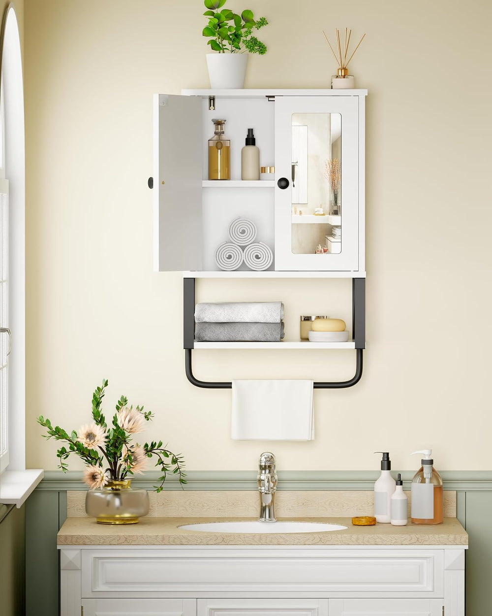Bathroom Medicine Cabinet with Mirror, Wall Mounted Cabinet with Towel Bar