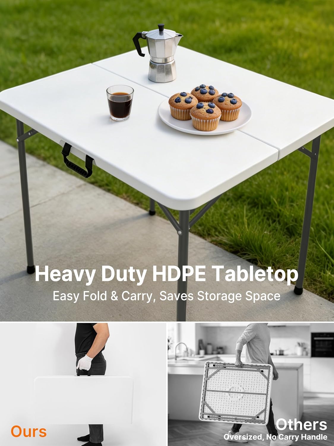 34" Square Folding Card Table, Fold-in-Half White Portable Table