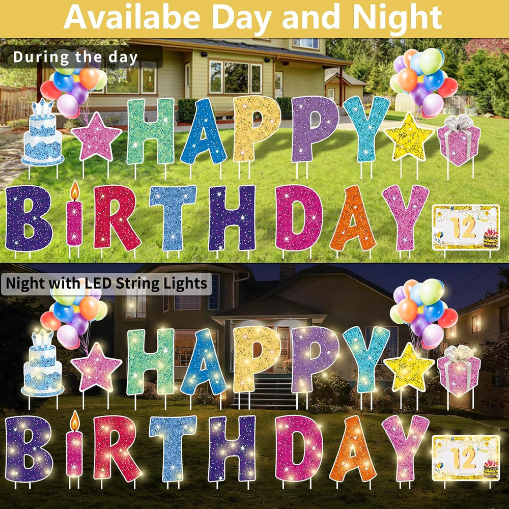 18Pcs Happy Birthday Yard Sign with Stakes,Led Light,16" Lawn Decor
