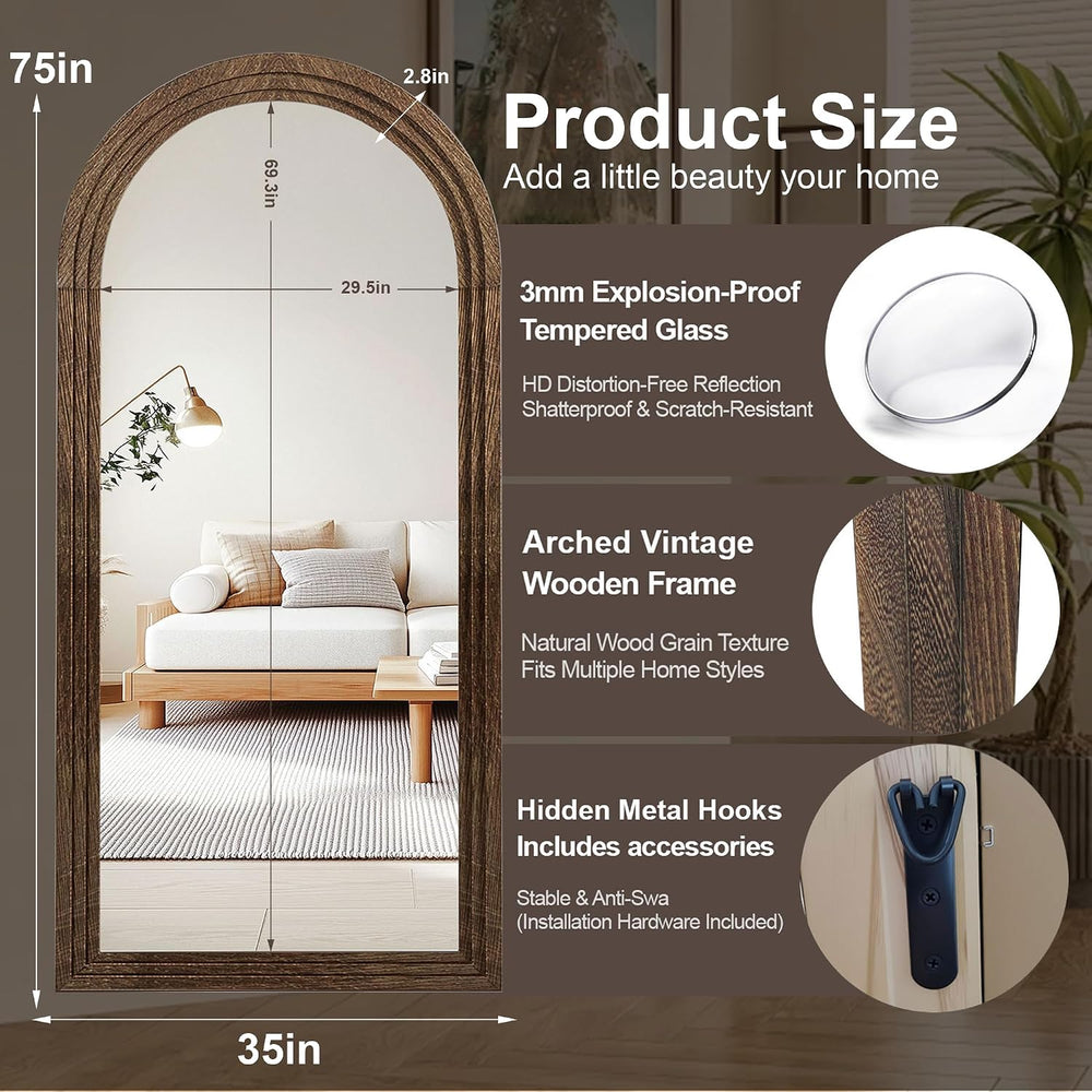 Delma Arched Full Length Mirror with Stand, 75x35 Brown Wood Floor Mirror