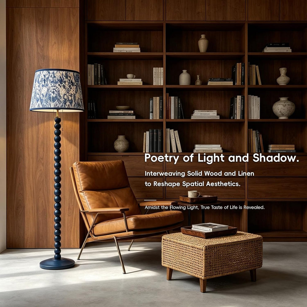 Blue Wood Base Floor lamp，14x14x59 inch Country Style Floor lamp,Modern Pleat...