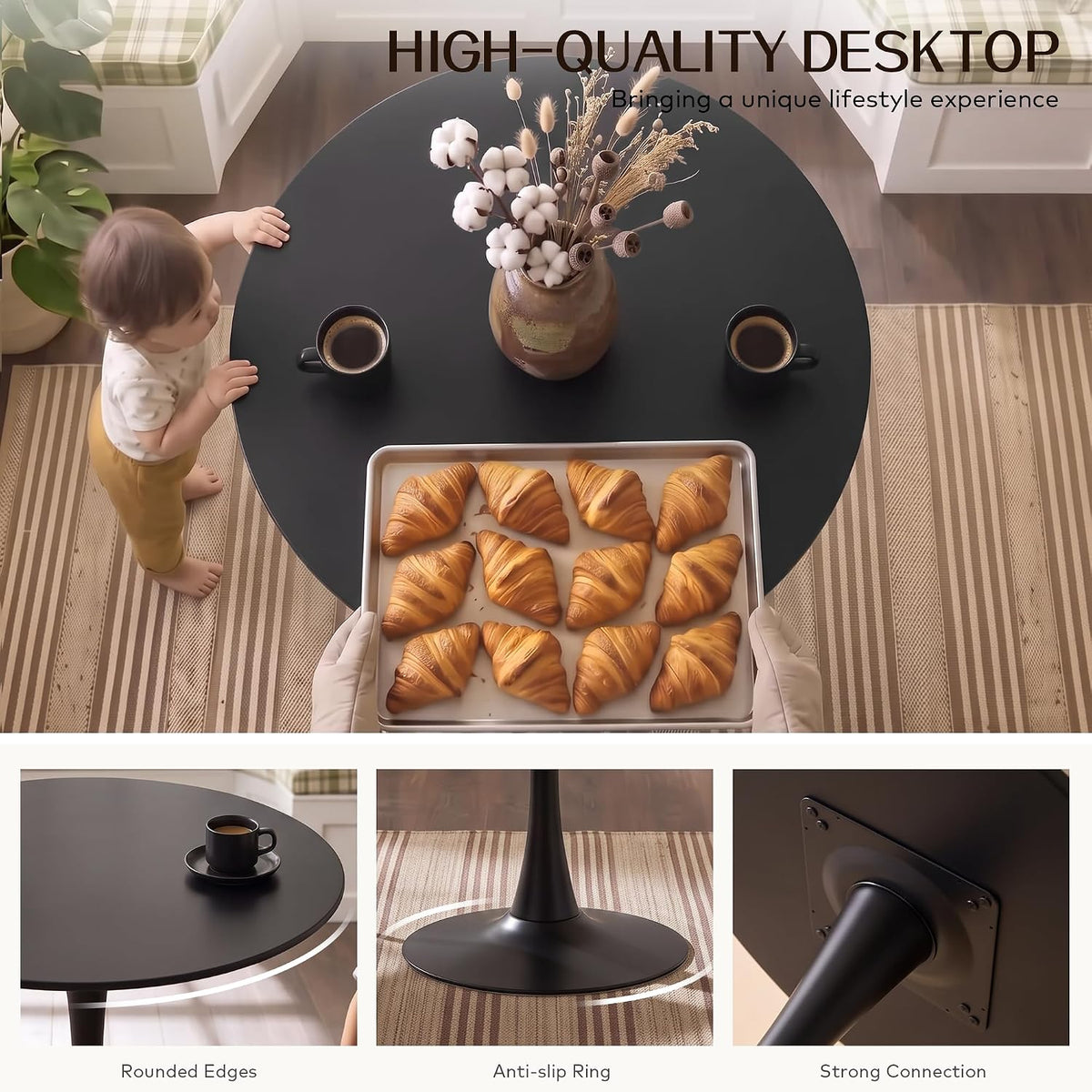 3 piece round dining table and chairs set, close-up detail