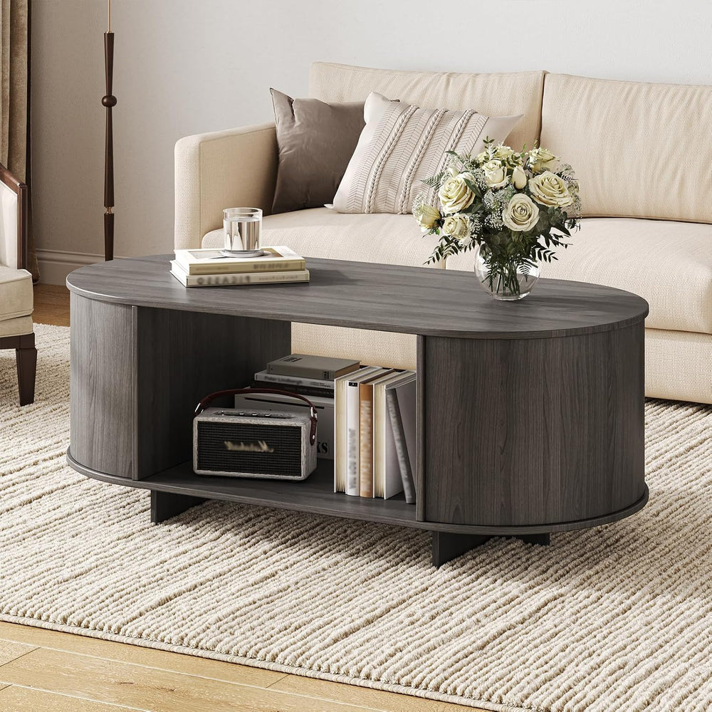 Modern Oval Coffee Table with Storage for Living Room, Grey