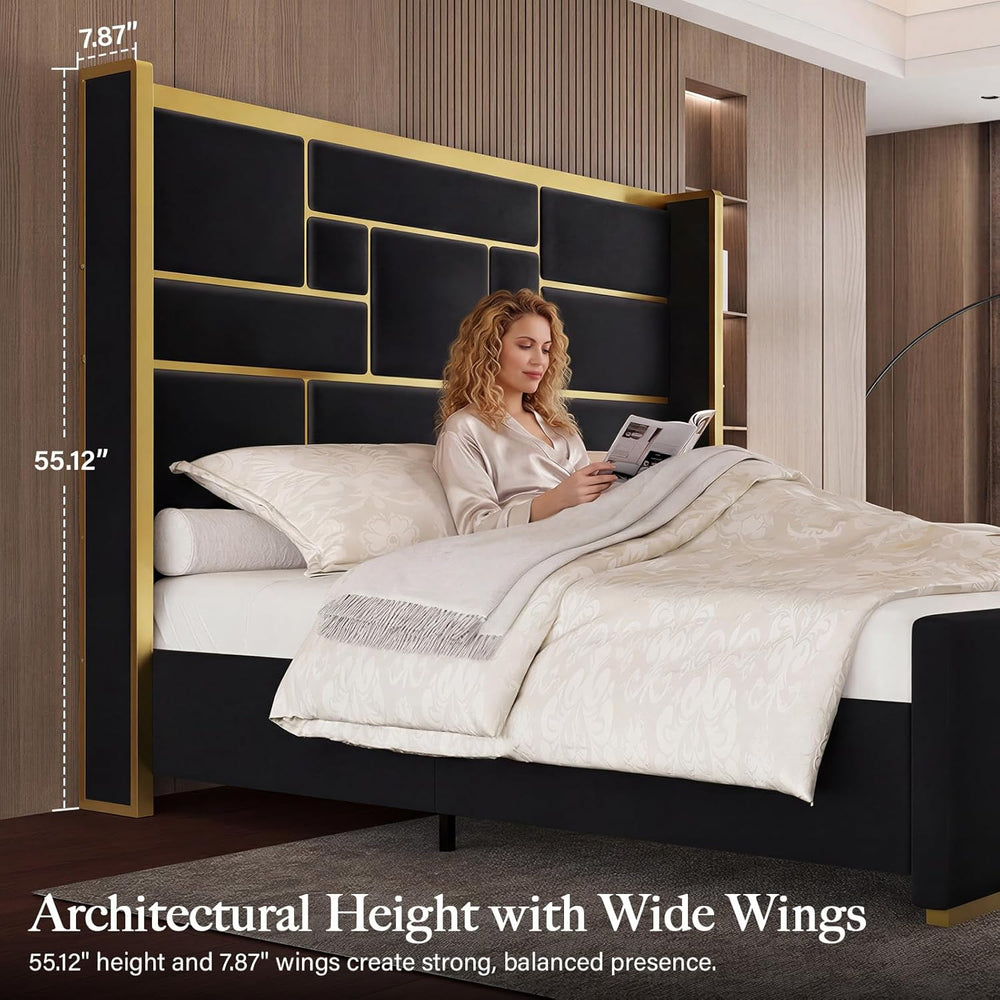Queen Bed Frame with Gold Trim Headboard, Upholstered Bed, Black