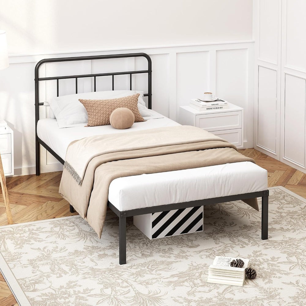Kujielan 12 inches Twin Bed Frame with Minimalist headboard, Black