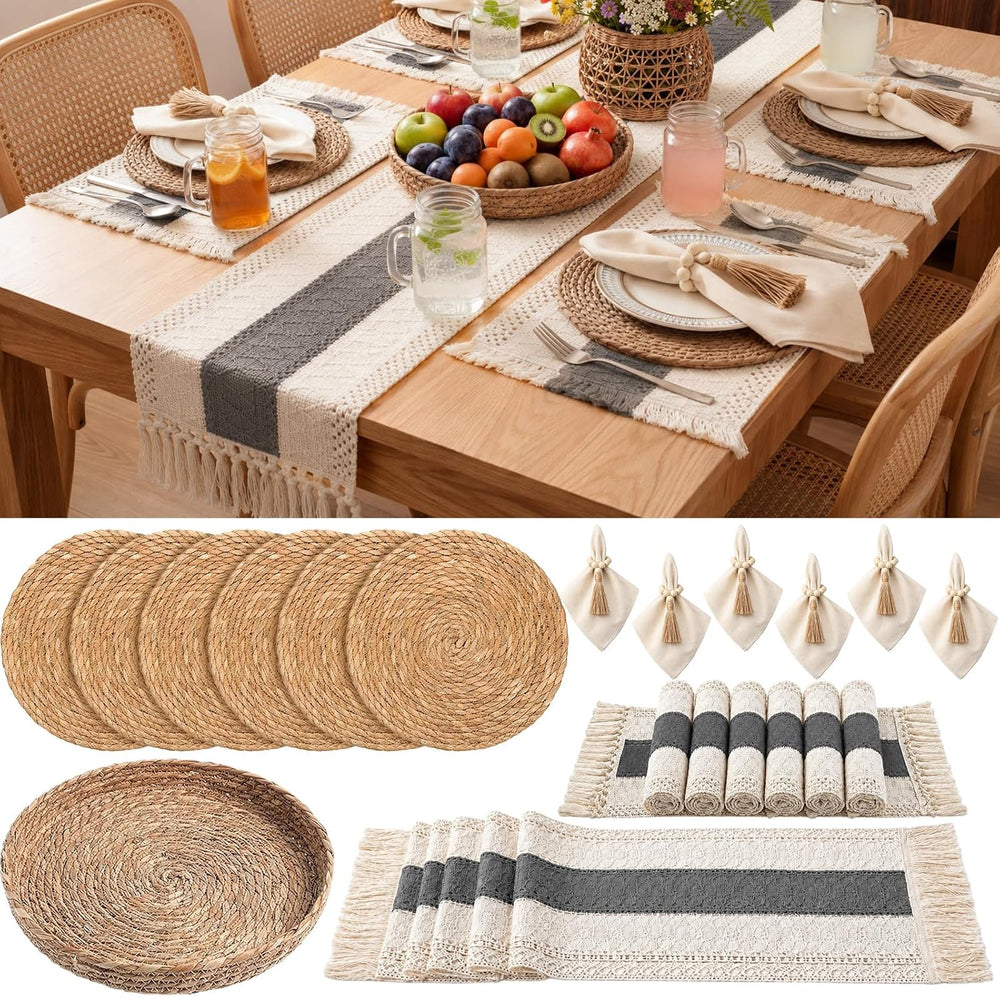 Boho Kitchen Decor Table Runner and Placemats Set, Grey, 6 Sets, 12x72inch