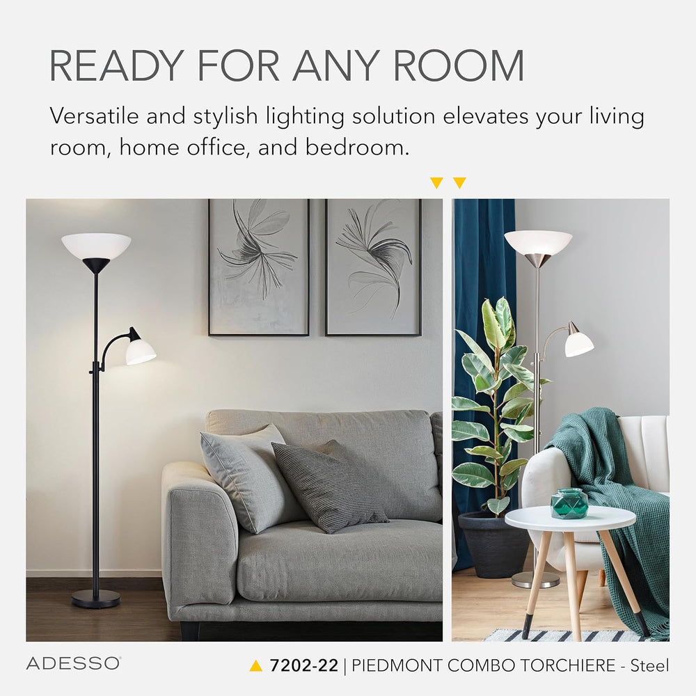 Adesso Floor Lamp, Brushed Steel, Dual-Socket, Adjustable Reading Light 71”