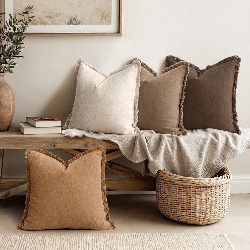 MIULEE Fall Linen Fringe Pillow Covers Set of 4 18x18 Neutral Brown
