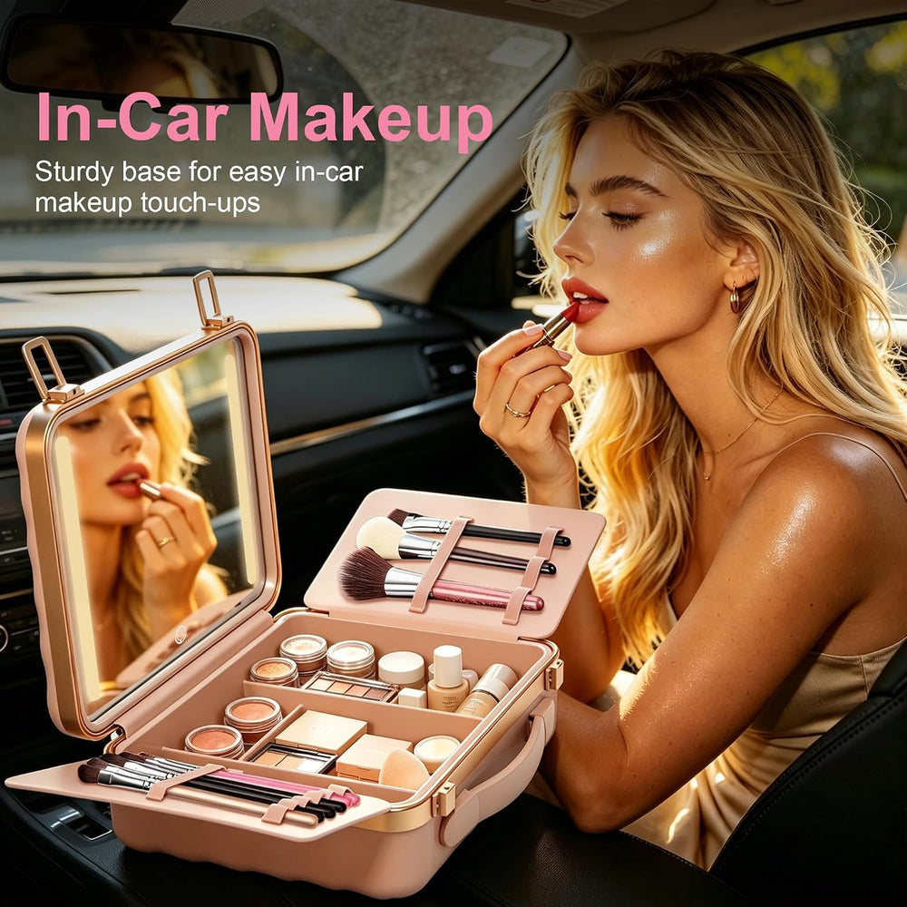 EASYINBEAUTY Makeup Travel Case with LED Lighted Mirror, Pink