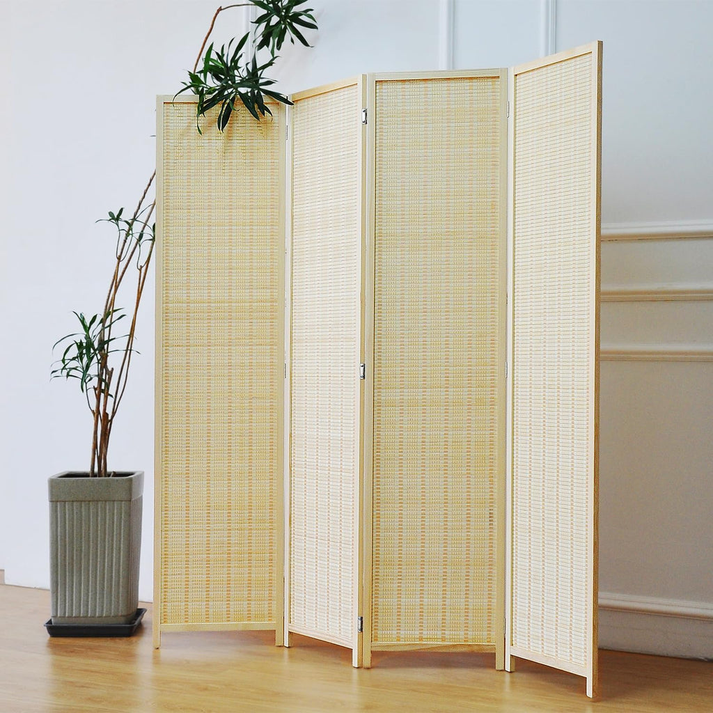 Furnnylane 4 Panel Bamboo Room Divider - 5.6 ft Tall Folding Privacy Screen, Natural Beige Freestanding Partition Wall for Home Office & Room Separation (67" H x 61.4" W)