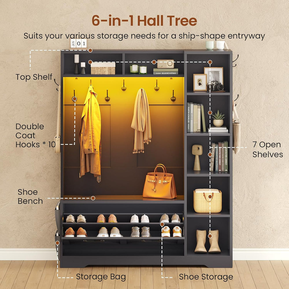 Itaar Hall Tree with Bench and Shoe Storage, Farmhouse Entryway Bench with Co...